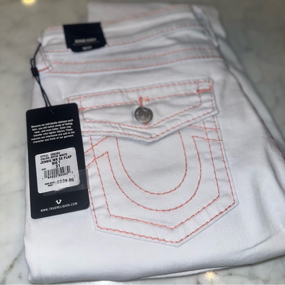 NWT True Religion Jennie Curvy Mid Rise Super Skinny White with Orange Size 31 - Picture 6 of 12
